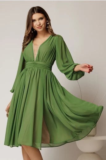 Rochie DY Fashion midi din voal verde in clos cu perle si tull la decolteu
