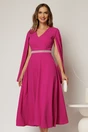 Rochie DY Fashion midi fucsia cu maneci lungi crapate si aplicatii in talie, 1, dyfashion.ro