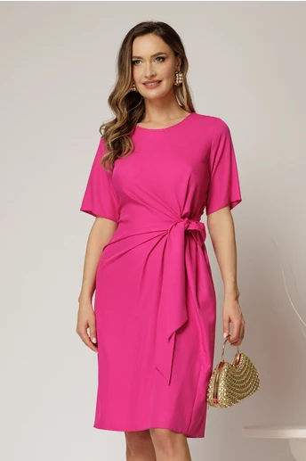 Rochie DY Fashion midi fucsia cu nod in talie si adaos de viscoza