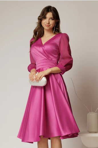 Rochie DY Fashion midi fucsia din tafta cu maneci din voal cu lurex