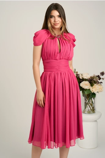 Rochie DY Fashion midi fucsia din voal in clos cu accesoriu si decupaj la decolteu