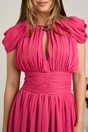 Rochie DY Fashion midi fucsia din voal in clos cu accesoriu si decupaj la decolteu, 3, dyfashion.ro
