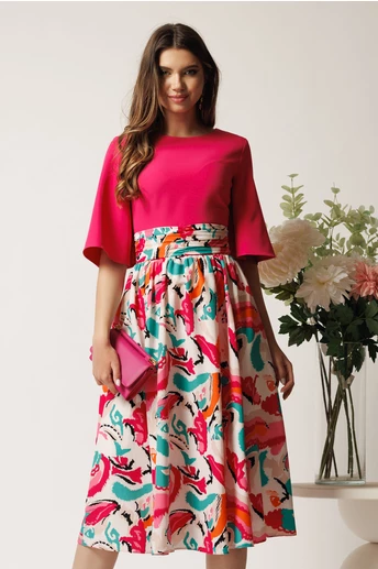 Rochie DY Fashion midi fucsia in clos cu fusta din voal cu imprimeu