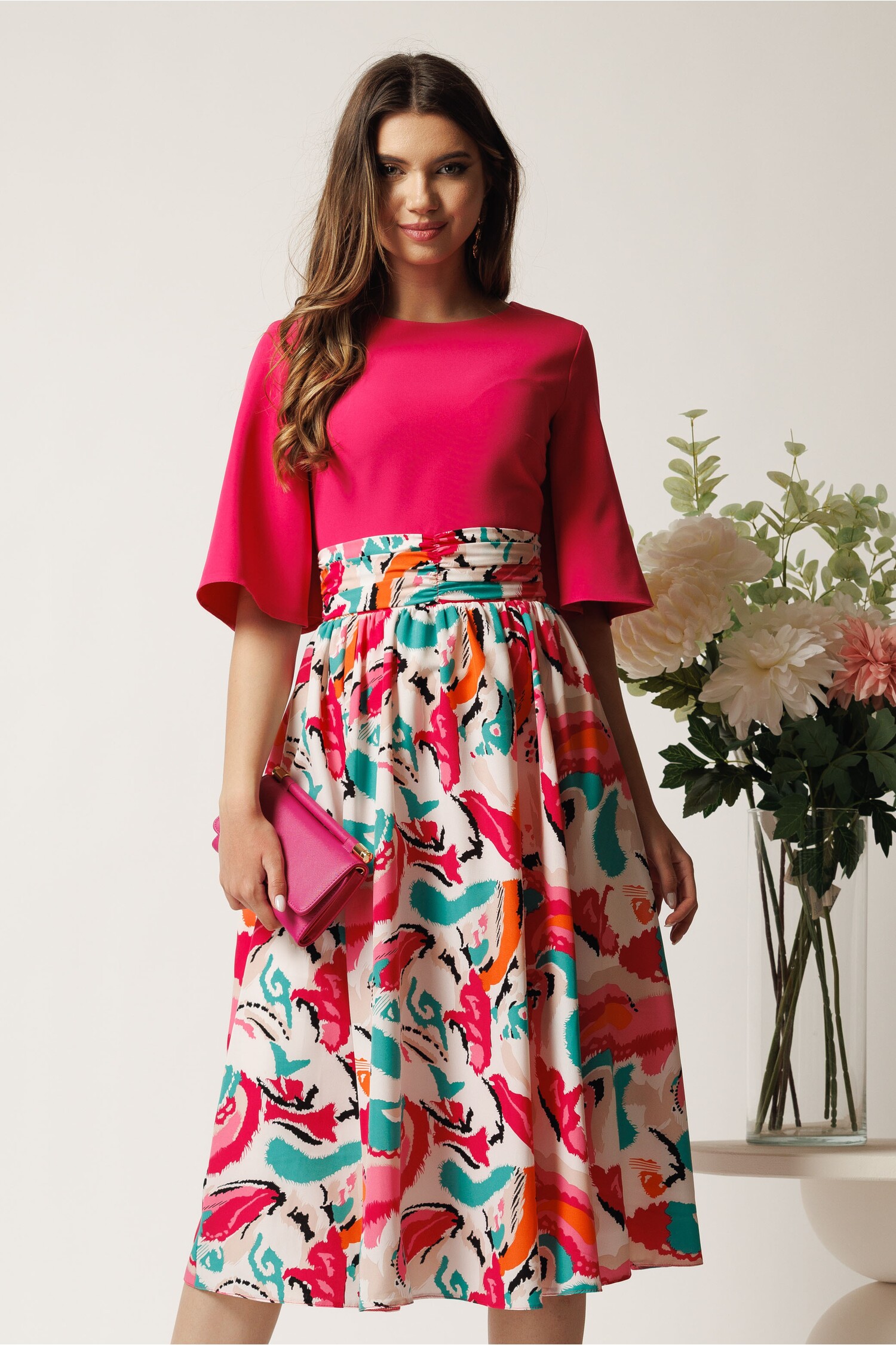 Rochie DY Fashion midi fucsia in clos cu fusta din voal cu imprimeu