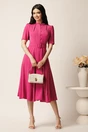 Rochie DY Fashion midi fucsia in clos din triplu voal cu nasturi la bust si curea in talie, 3, dyfashion.ro