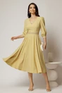 Rochie DY Fashion midi galbena cu banda decorativa pe talie si mansete, 3, dyfashion.ro