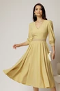 Rochie DY Fashion midi galbena cu banda decorativa pe talie si mansete, 1, dyfashion.ro