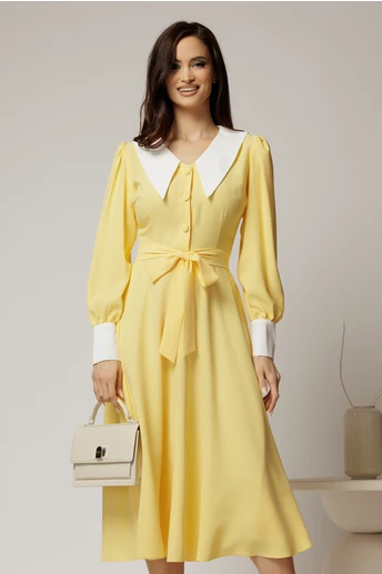 Rochie DY Fashion midi galbena cu guler si mansete in contrast