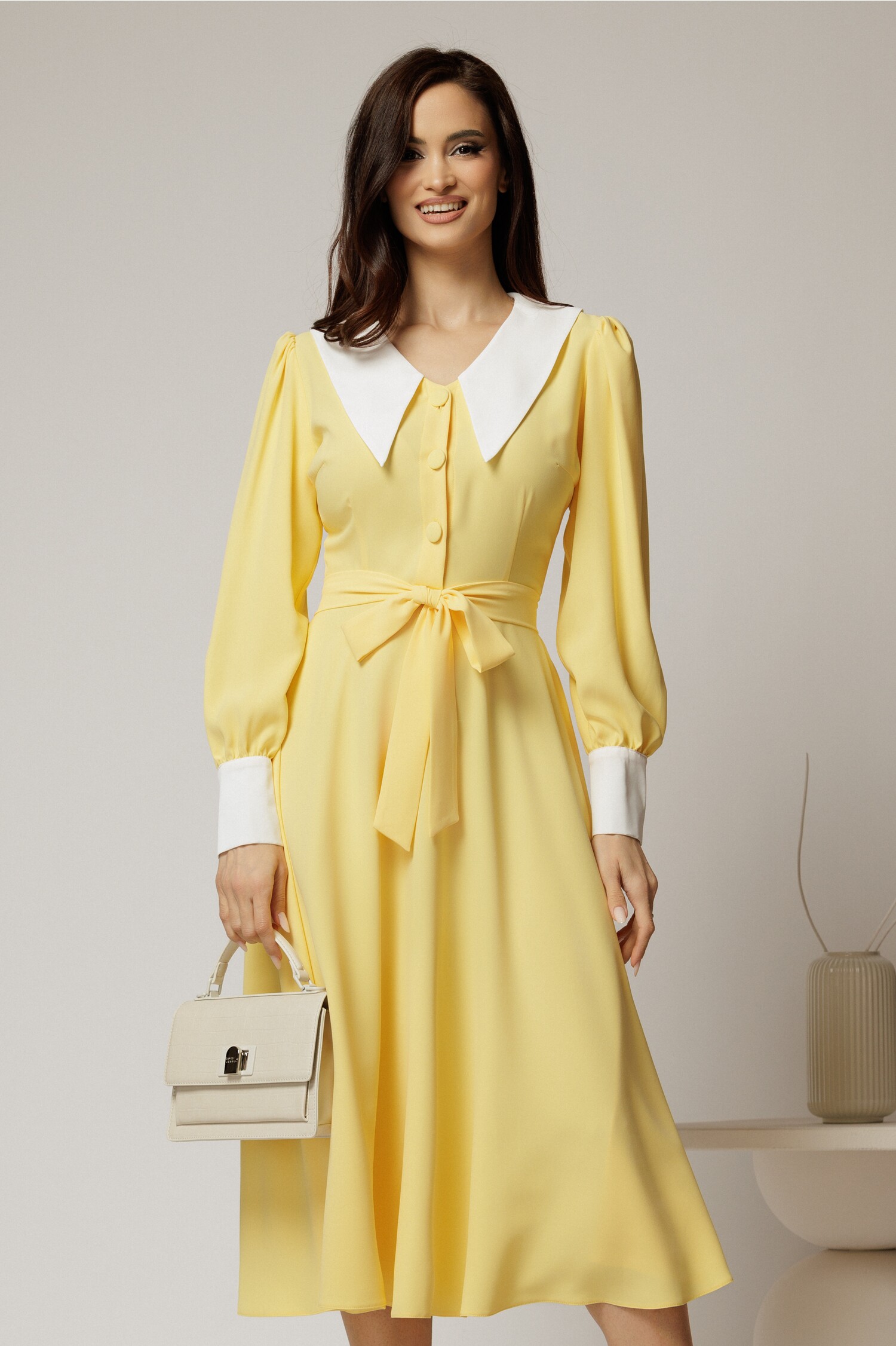 Rochie DY Fashion midi galbena cu guler si mansete in contrast
