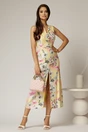 Rochie DY Fashion midi galbena cu imprimeuri din in cu nasturi pe bust fara maneci, 3, dyfashion.ro