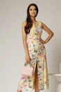 Rochie DY Fashion midi galbena cu imprimeuri din in cu nasturi pe bust fara maneci, 1, dyfashion.ro