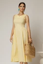 Rochie DY Fashion midi galbena din bumbac cu cret pe solduri, 1, dyfashion.ro