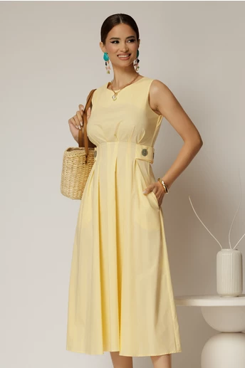 Rochie DY Fashion midi galbena din bumbac cu nasturi si cusaturi pe talie
