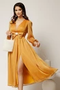 Rochie DY Fashion midi galbena din voal in clos cu funda maxi in talie, 1, dyfashion.ro