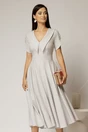 Rochie DY Fashion midi gri cu guler ascutit si maneci scurte cu nasturi, 1, dyfashion.ro