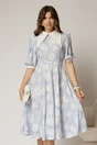 Rochie DY Fashion midi imprimeu floral bleu cu guler ascutit si maneci bufante, 1, dyfashion.ro