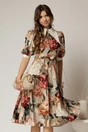 Rochie DY Fashion midi imprimeu floral rosu cu guler ascutit si maneci bufante, 1, dyfashion.ro