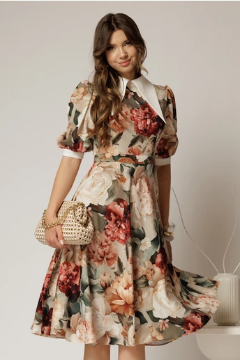 Rochie DY Fashion midi imprimeu floral rosu cu guler ascutit si maneci bufante