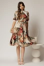 Rochie DY Fashion midi imprimeu floral rosu cu guler ascutit si maneci bufante, 3, dyfashion.ro