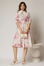 Rochie DY Fashion midi imprimeu floral roz cu guler ascutit si maneci bufante, 3, dyfashion.ro