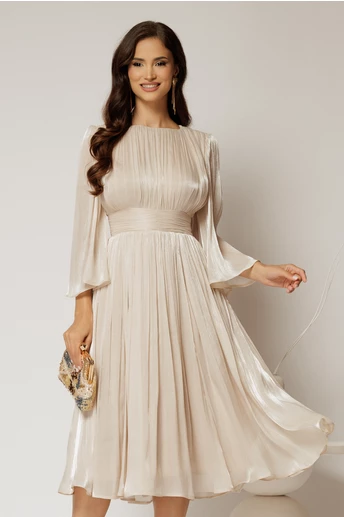 Rochie DY Fashion midi ivoar din voal peliculizat cu maneci ample