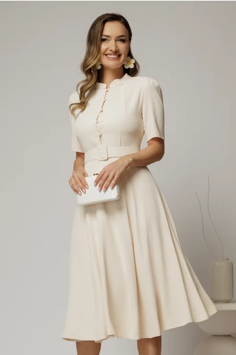 Rochie DY Fashion midi ivoar in clos din triplu voal cu nasturi la bust si curea in talie