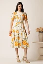 Rochie DY Fashion midi ivory in clos cu imprimeuri portocalii si curea in talie, 3, dyfashion.ro