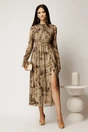 Rochie DY Fashion midi kaki cu imprimeu din tulle fin in clos cu crapatura pe picior, 3, dyfashion.ro