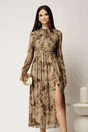 Rochie DY Fashion midi kaki cu imprimeu din tulle fin in clos cu crapatura pe picior, 1, dyfashion.ro