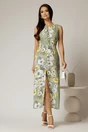 Rochie DY Fashion midi kaki cu imprimeuri din in cu nasturi pe bust fara maneci, 3, dyfashion.ro