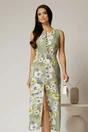 Rochie DY Fashion midi kaki cu imprimeuri din in cu nasturi pe bust fara maneci, 1, dyfashion.ro