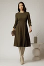 Rochie DY Fashion midi kaki din tricot cu nasturi decorativi pe talie, 3, dyfashion.ro