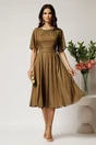 Rochie DY Fashion midi kaki din voal in clos cu fir lurex si accesoriu la decolteu, 3, dyfashion.ro