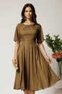Rochie DY Fashion midi kaki din voal in clos cu fir lurex si accesoriu la decolteu, 1, dyfashion.ro