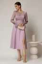 Rochie DY Fashion midi lila de ocazie cu voal la bust, 3, dyfashion.ro