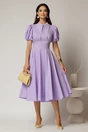 Rochie DY Fashion midi lila din poplin cu guler ascutit si maneci scurte bufante, 3, dyfashion.ro