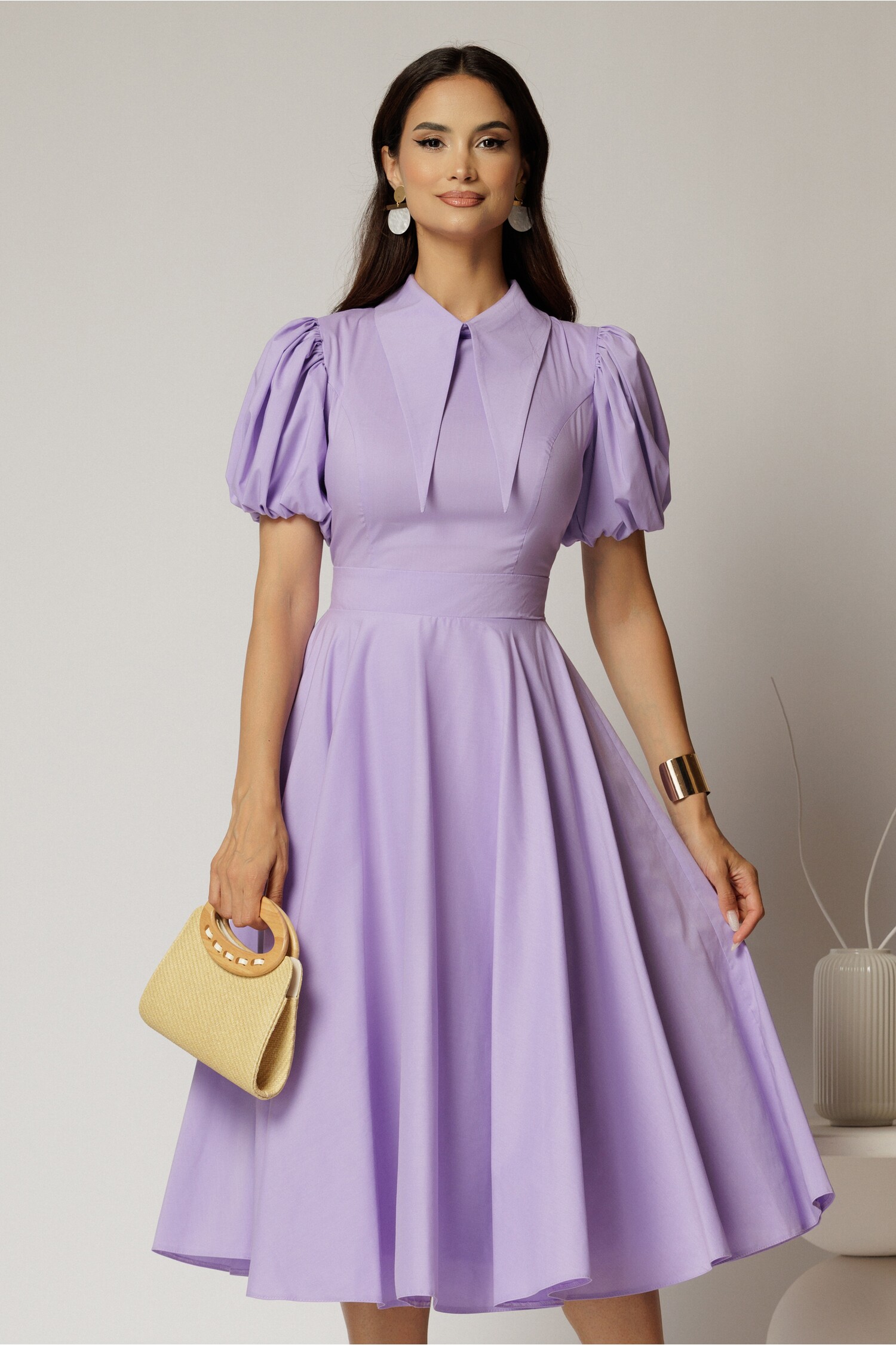 Rochie DY Fashion midi lila din poplin cu guler ascutit si maneci scurte bufante