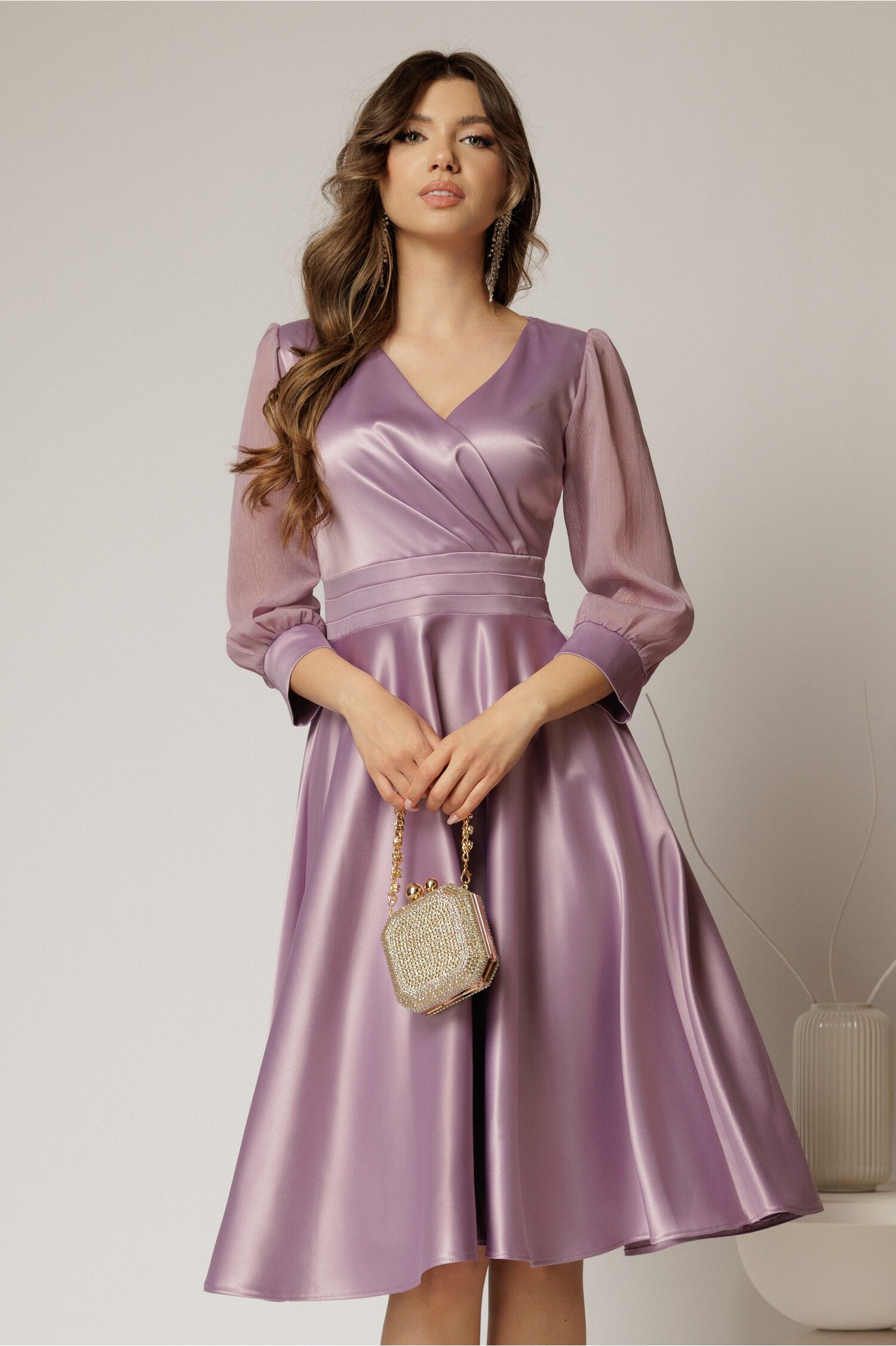 Rochie DY Fashion midi lila din tafta cu maneci din voal cu lurex