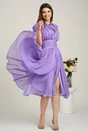 Rochie DY Fashion midi lila din voal in clos cu accesoriu si decupaj la decolteu, 4, dyfashion.ro