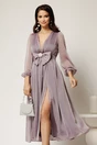 Rochie DY Fashion midi lila din voal in clos cu funda maxi in talie, 1, dyfashion.ro