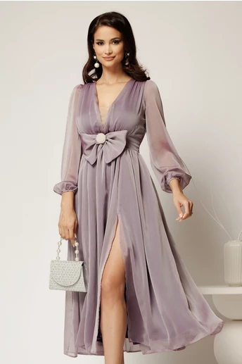 Rochie DY Fashion midi lila din voal in clos cu funda maxi in talie