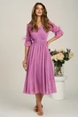 Rochie DY Fashion midi lila din voal in clos cu pene la maneci si accesoriu in talie, 4, dyfashion.ro