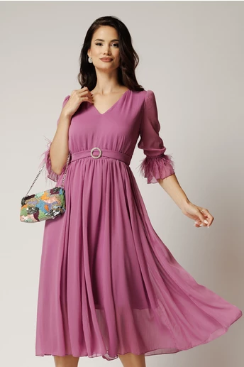 Rochie DY Fashion midi lila din voal in clos cu pene la maneci si accesoriu in talie
