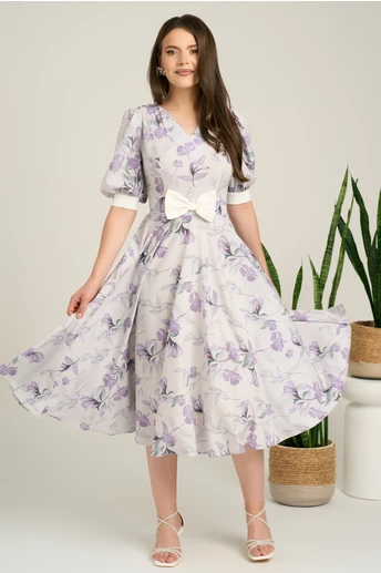 Rochie DY Fashion midi lila din voal in clos cu print mov si funda in talie