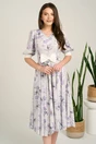 Rochie DY Fashion midi lila din voal in clos cu print mov si funda in talie, 4, dyfashion.ro