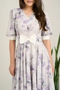 Rochie DY Fashion midi lila din voal in clos cu print mov si funda in talie, 3, dyfashion.ro