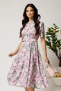 Rochie DY Fashion midi lila in clos din triplu voal cu imprimeu floral si curea in talie, 1, dyfashion.ro