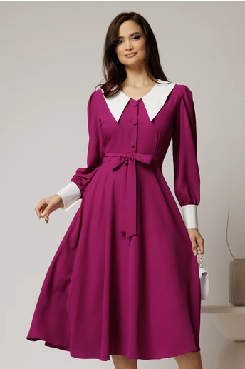 Rochie DY Fashion midi magenta cu guler si mansete in contrast