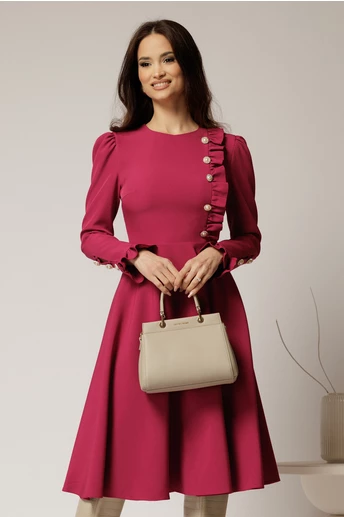 Rochie DY Fashion midi magenta cu nasturi si volanase la bust