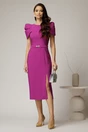 Rochie DY Fashion midi magenta de ocazie cu umeri bufanti si cordon detasabil, 3, dyfashion.ro